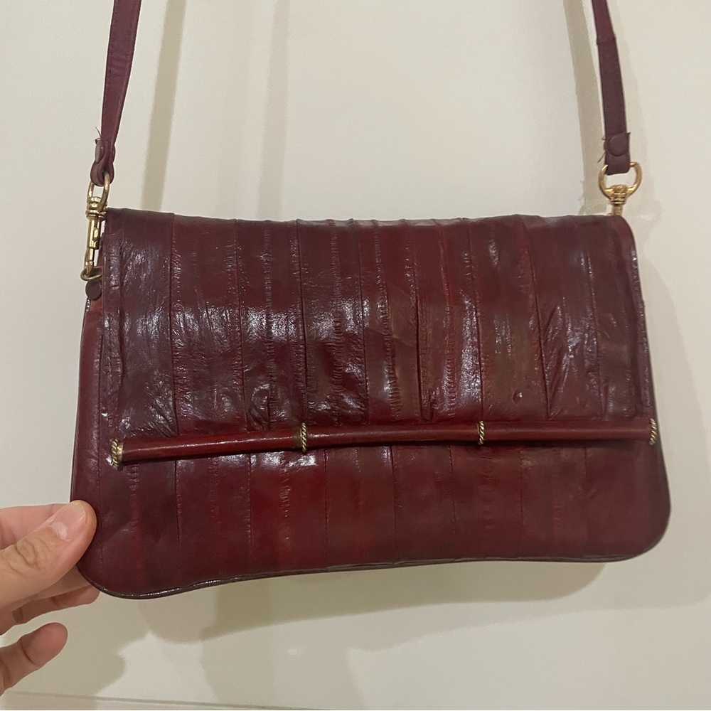 KOREAN GENUINE EEL SKIN‎ shoulder clutch BAG Detachable STRAP maroon Vintage